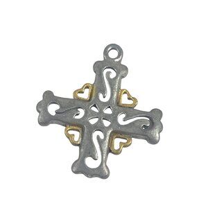 Vintage Look Cross Pendant Pewter and Gold Tone Hearts 2 Inch Craft Jewelry Char